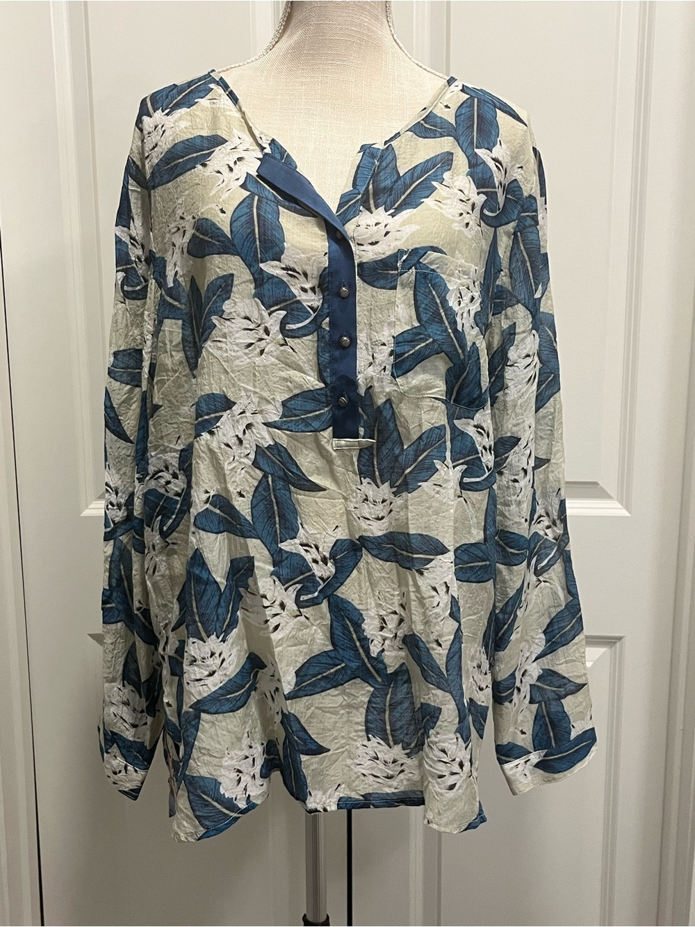 Soft Surroundings Blue Floral Tunic Top Plaid Silk Plus Size 1X Work Casual Chic